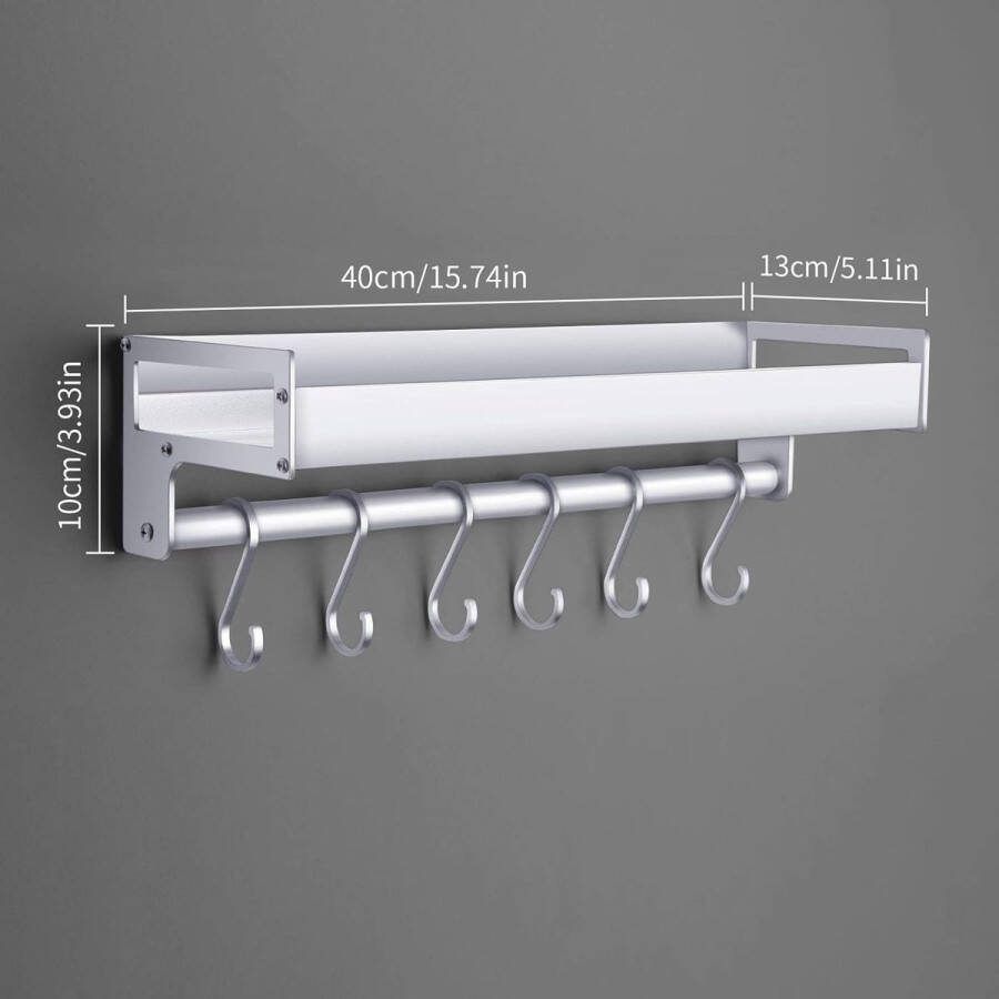 Keukenrek wandorganizer haaklijst keukenhulp keukenhouder zonder boren met 6 afneembare haken voor keuken badkamer hal enz. (zilver)