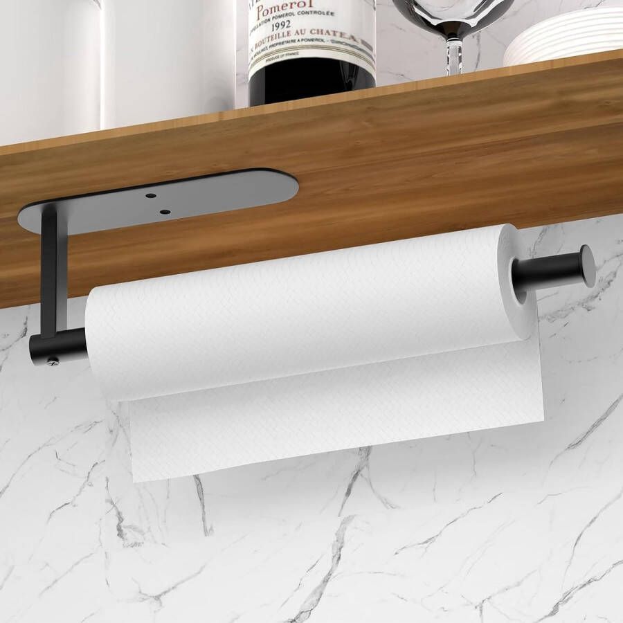 Keukenrolhouder 32cm papierrolhouder zelfklevend of boorbaar keukenrolhouder wandmontage rolhouder RVS onder de kast voor keuken en badkamer zwart