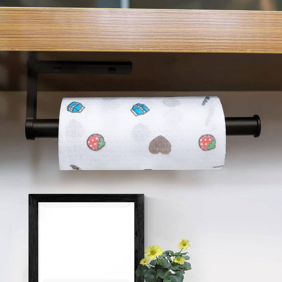 Keukenrolhouder dispenser voor papieren handdoekjes onder kast wandmontage zelfklevende roestvrijstalen ophanglus handdoekhouder voor raadkast gootsteen badkamer zelfklevend of borend zwart