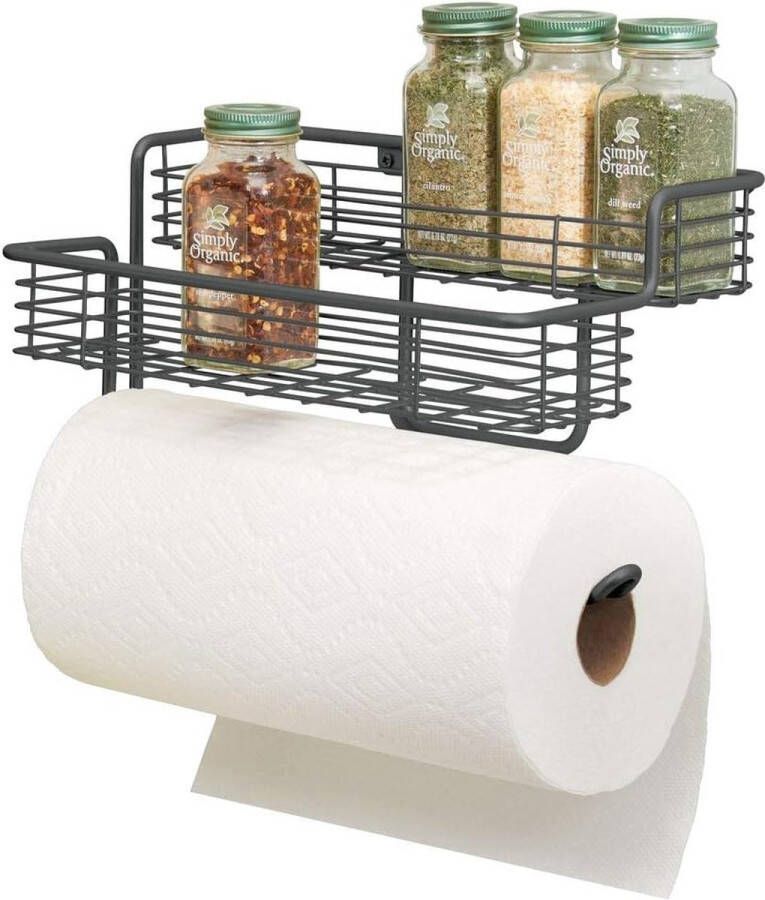 Keukenrolhouder hoogwaardige papierrolhouder met geïntegreerd metalen kruidenrek praktisch keukenhulpje voor wandmontage grijs