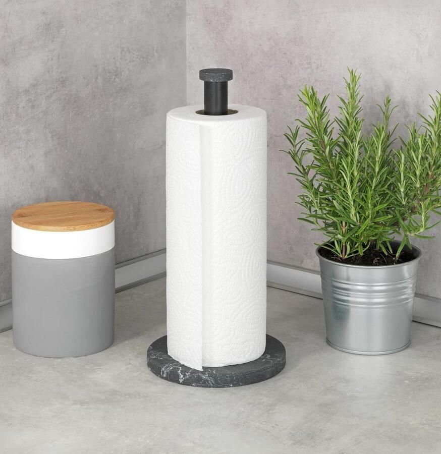 Keukenrolhouder marmer staande houder voor keukenrollen in elegante marmeren look voor de keuken met bodem van kunststof en zwarte stang van metaal (b x d x h): 15 x 32 cm zwart