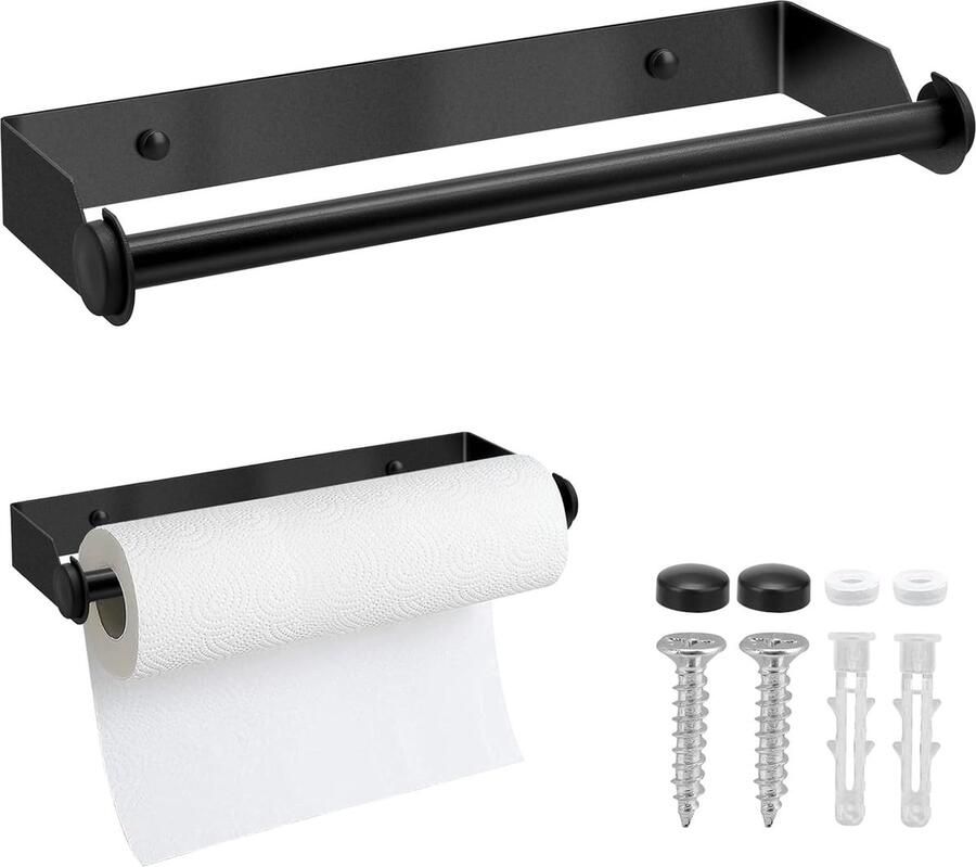 Keukenrolhouder muur 28 cm keukenrolhouder roestvrij staal keukenrolhouder met schroeven papierrolhouder voor keuken badkamer woonkamer zwart