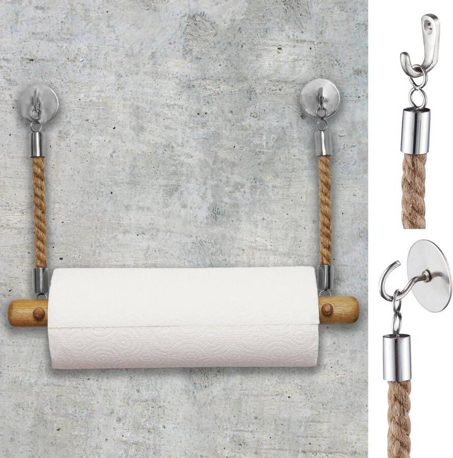 Keukenrolhouder van hout met jute touw keukenrek voor keukenpapier kitchen paper houder keukenrol hanger hangende keukenrolhouder dispenser