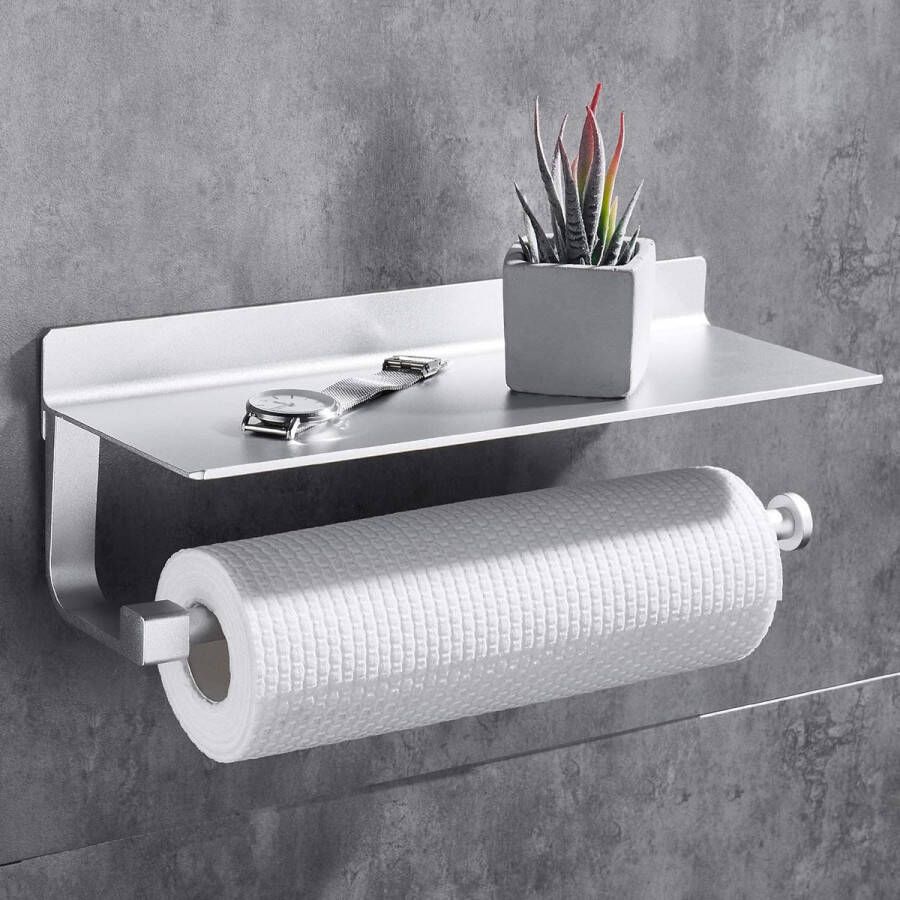 Keukenrolhouder wandhouder voor papierrollen keuken handdoekhouder met ruime weefseldispenserrollen zonder boren voor keuken en badkamer (zilver)