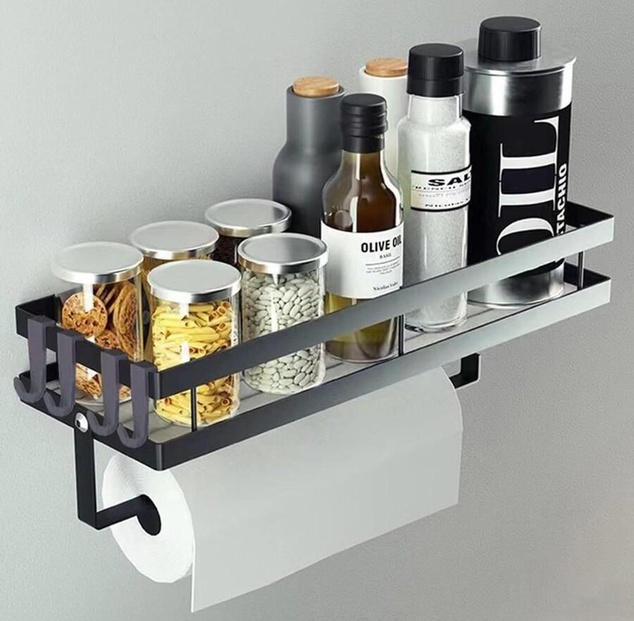 Keukenrolhouder Wandkruidenrek Badkamerorganizer Zonder Boren Hangend Kruidenrek met Keukenrolhouder 4 Haken voor Badkamer en Keuken
