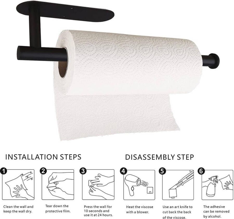 Keukenrolhouder zonder Boren Keukenroldispenser Zelfklevende Keukenrolhouder onder Kast Keukenpapierhouder Wandmontage Rolhouder voor Keuken (Zwart)
