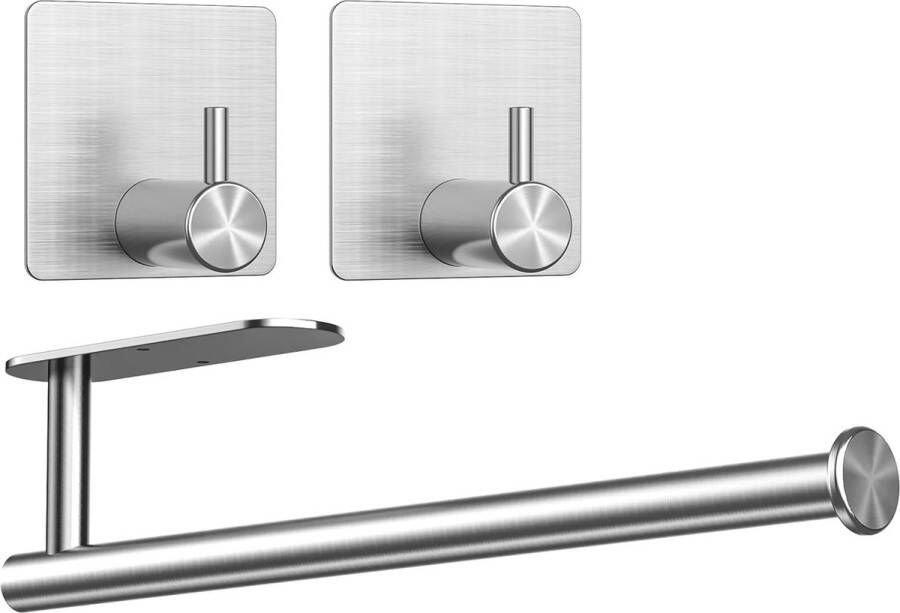 Keukenrolhouder zonder boren met 2 zelfklevende haken RVS houder voor Zewa keukenrol keukenrolhouder voor wand en onder keukenkasten (zilver)