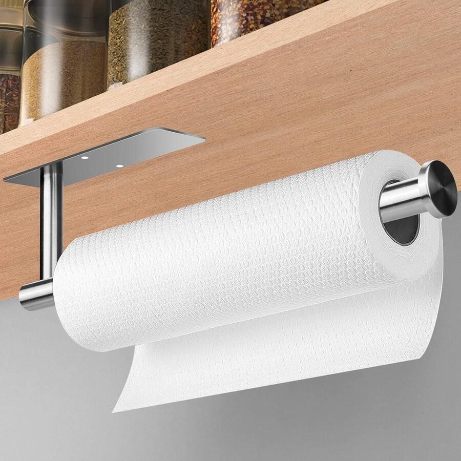 Keukenrolhouder zonder boren zelfklevende keukenpapierhouder wandmontage papieren handdoekhouder roestvrij staal rolhouder hangend badkamerhanddoekenrek voor keukenkast zilver