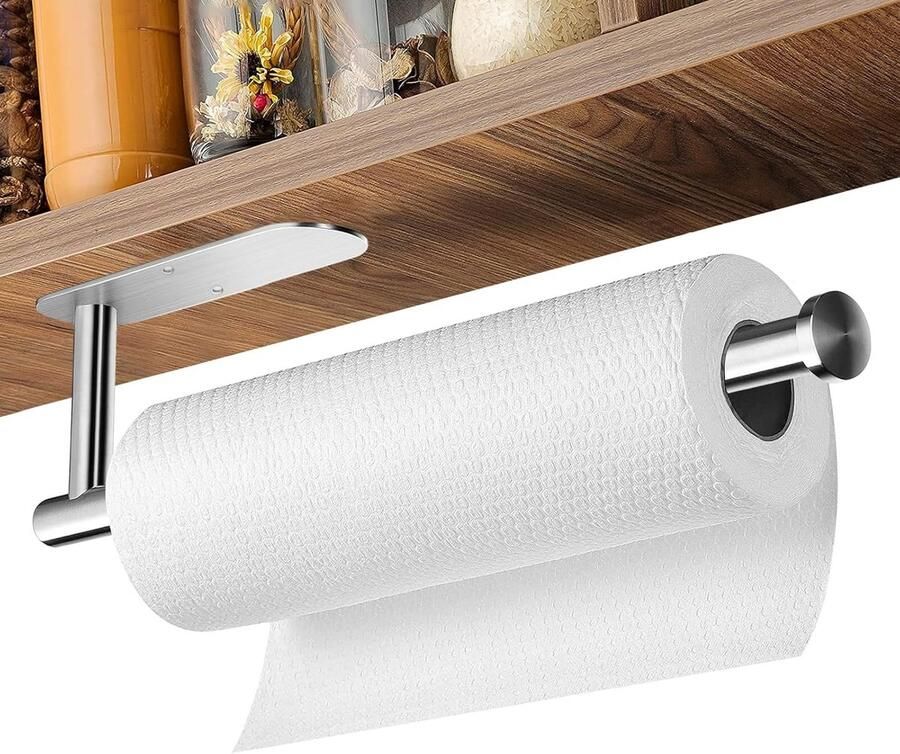 Keukenrolhouder zonder boren zelfklevende keukenrolhouder papierrolhouder roestvrijstalen onderkast papieren handdoekhouder met lijm en schroeven voor keuken en badkamer zilver