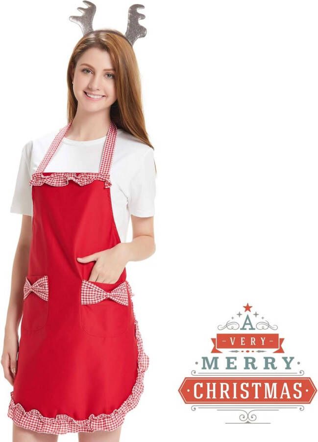 Keukenschort Dames Damesschort Keukenschort Rood Verstelbare Petticoat met twee zakken Strik Boog voor Koken Bakken Grillen Cadeau-idee