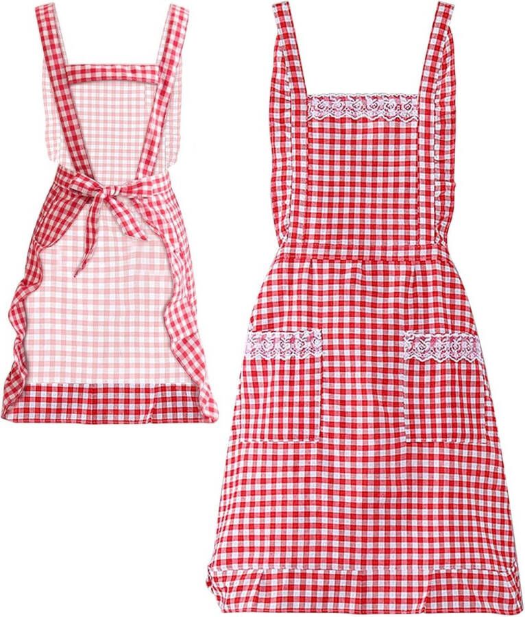 Keukenschort voor dames 2 stuks dames klassiek vintage schort rood en wit gingham katoenen schort thuiskeuken chef-kok slabbetje schort schorten voor dames meisjes met zakken