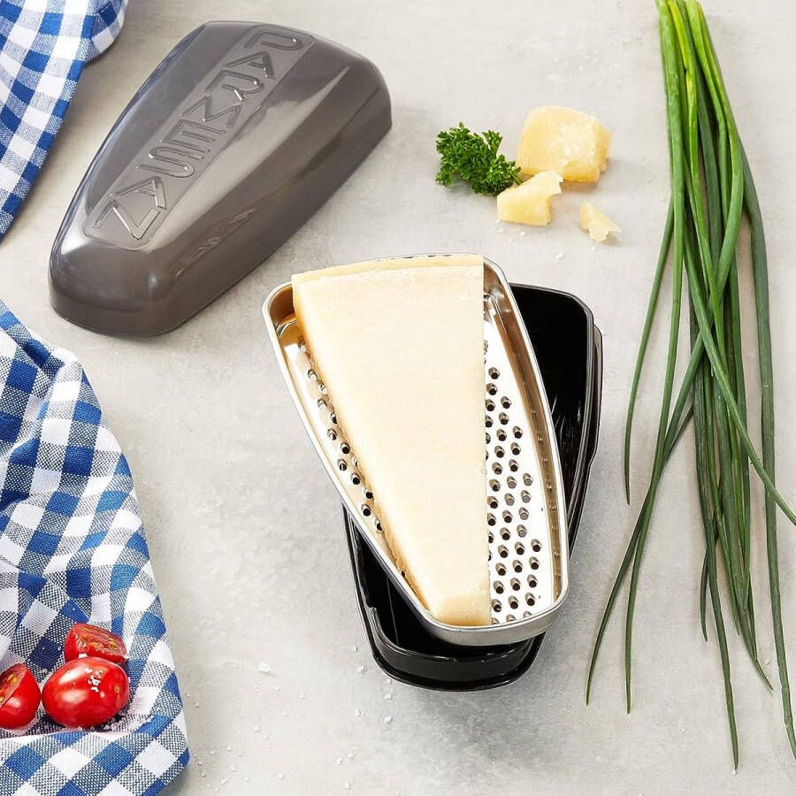 Keukenset met een kaasrasp en opslagcontainer voor verse parmezaanse kaas rasp voor kaas van roestvrij staal kunststof vaatwasmachinebestendig (Kleur: transparant grijs) Aantal: 1