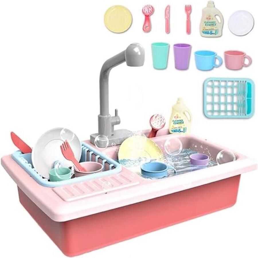 Keukenspoelbak Speelgoed Roze Elektrische Keukenspoelbak met Watersimulator Inclusief Accessoires voor Educatief Rollenspel Keukenspeelgoed