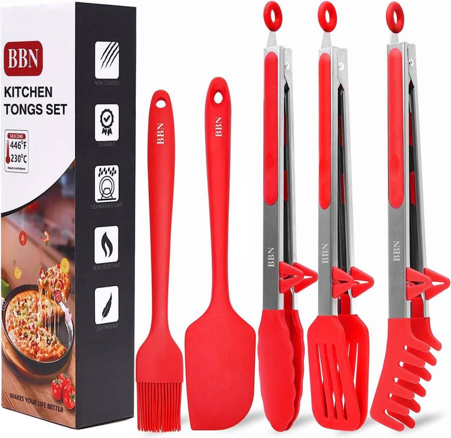 Keukentang 5-delige siliconen tang set siliconen tang voor het koken 30 5 cm hittebeendige en duurzame tang met siliconen punt met 10 inch borstelharen en spatel van 30 5 cm (rood)