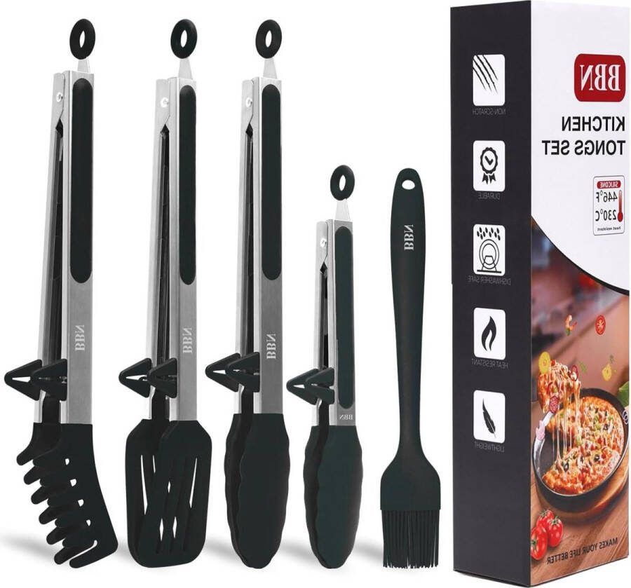Keukentang 9 inch en 30 cm Set van 5 stuks Hittebestendige siliconen tang met punten -40 °F 428 °F