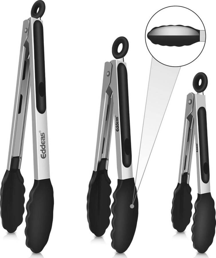 Keukentang grilltang hittebestendige kooktang set van 3 siliconen tang voor salade koken grillen roestvrij staal en BPA-vrije siliconen punten (18 cm 23 cm 30 5 cm)