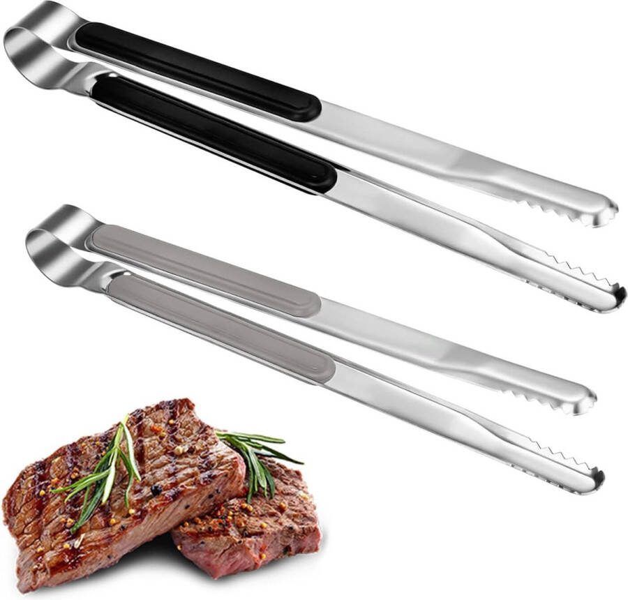 Keukentang van roestvrij staal 2 stuks barbecuetang roestvrijstalen tang van voedingskwaliteit met lichtgewicht handvat antislip hittebestendig 30 en 22 5 cm voor barbecueën en meer (zwart grijs)