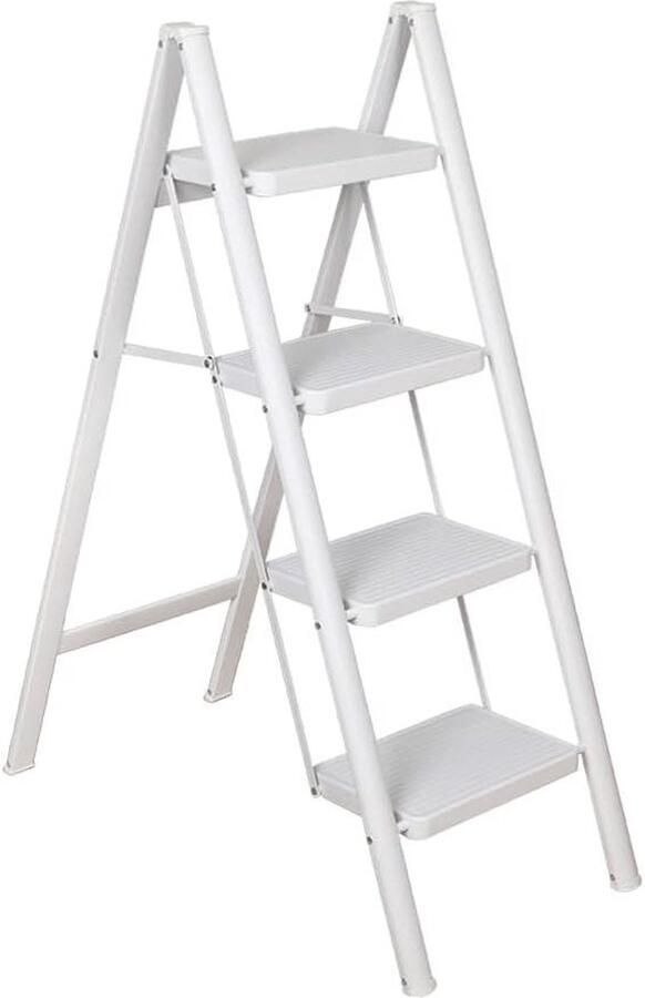 Keukentrap 4 Treden Inklapbaar Aluminium Vouwladder Lichtgewicht en Antislip Huishoudtrap Belastbaar tot 150 kg Voor Keuken Bijkeuken Garage Kantoor Wit