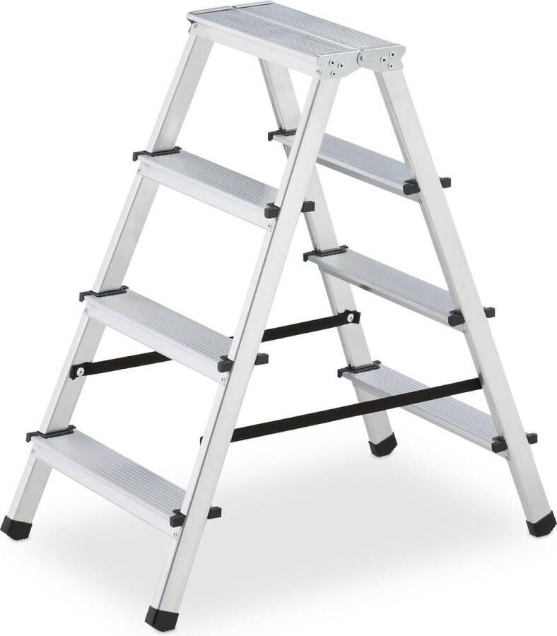Keukentrap aluminium dubbele trap tot 125 kg 4 treden huishoudtrap oploopbaar zilver