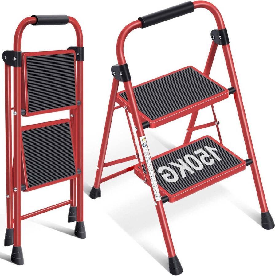 Keukentrap Draagbare Vouwladder met Leuning Trapladder 2 Treden Antislip Opstapkruk Huishoudtrap voor Thuis Keuken Kantoor Rood