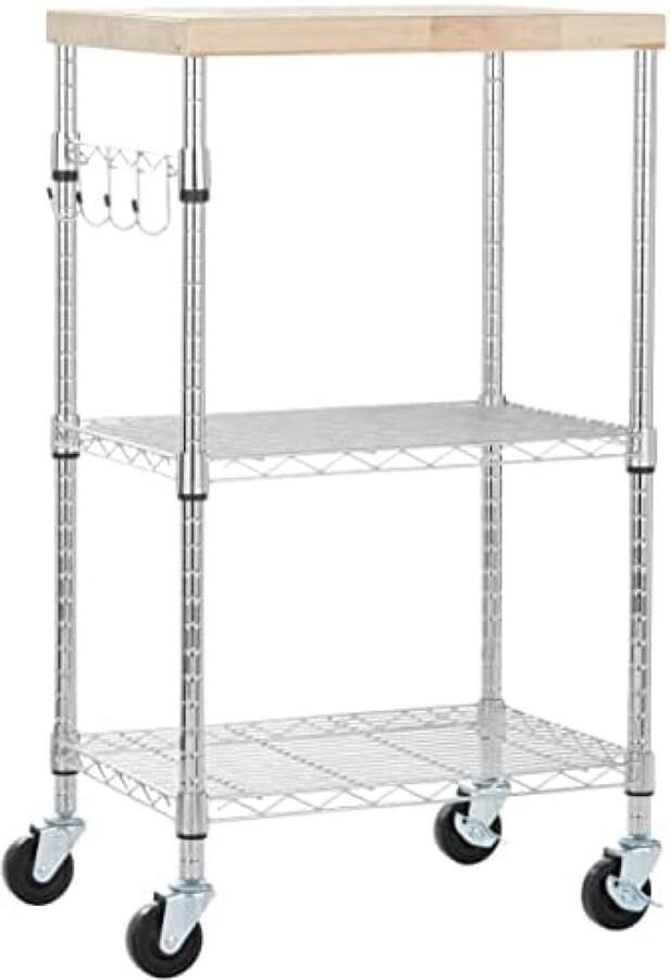 Keukentrolley 3 verdiepingen wieltjes voor magnetron met houten bovenkant en in hoogte verstelbare chromen planken 79 5 kg capaciteit