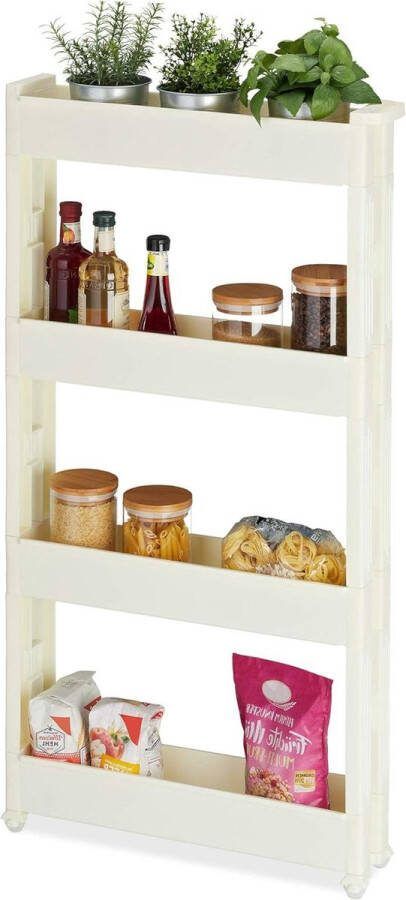 Keukentrolley 4 etages kunststof rek badkamer & keuken smal opbergrek 107 x 55 x 125 x 54 cm crèmewit met wielen keukentrolley
