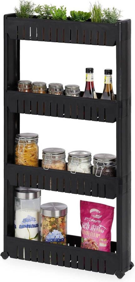 Keukentrolley 4 etages opbergrek smal keuken & badkamer kunststof HBD 101x125x54 cm zwart