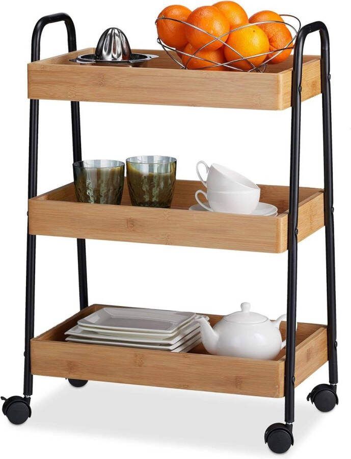 Keukentrolley bamboe 3 vakken 360° draaibare wielen met handgrepen stalen frame 70x49x28cm natuur zwart keukentrolley