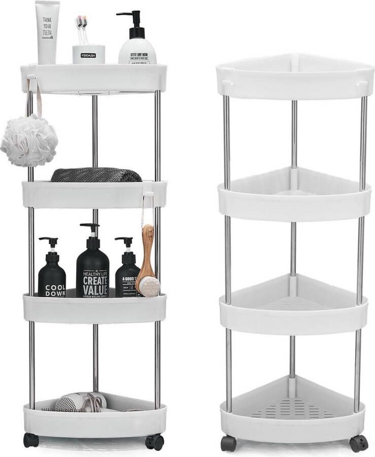 Keukentrolley met 4 niveaus keukenplank nisplank op wielen trolley driehoekige nisplank opbergrek voor keuken kantoor badkamer wasruimte kunststof 23 x 23 x 86 cm (wit)