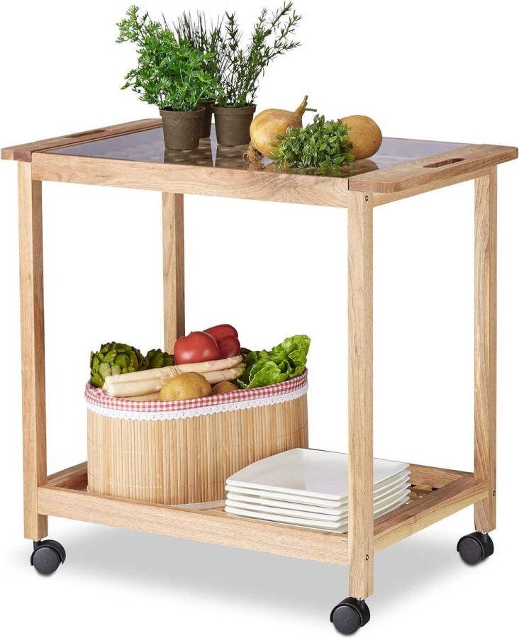 Keukentrolley op wielen 2 etages glazen tafelblad walnotenhout serveerwagen HxBxD 62 x 66 x 38 cm natuur keukentrolley