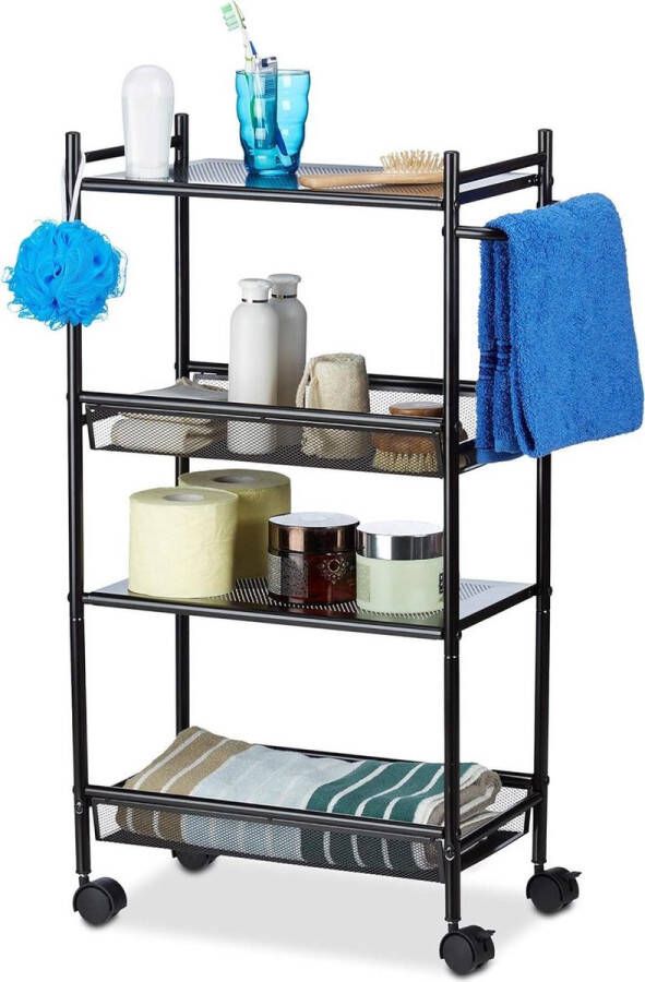 Keukentrolley smal metaal 4 etages opbergtrolley voor kantoor rek op wielen zwart 81x25x50 cm