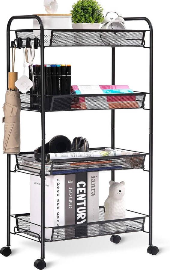Keukentrolley Smalle trolley met 4 niveaus Serveerwagen Keukentrolley op wielen Inbouwplank Keukenplank Badkamerplank Utility-trolley met grote capaciteit voor keuken badkamer