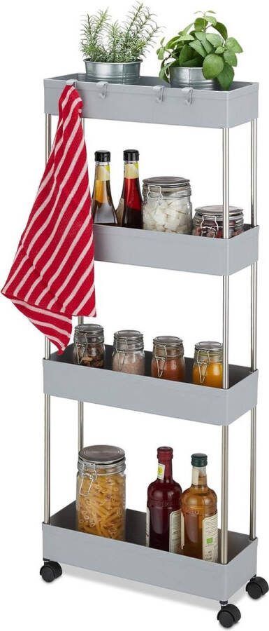 Keukentrolley van kunststof 98x15.5x40.5 cm Smal opbergrek voor badkamer en keuken met 4 haken & etages (Grijs) keukentrolley