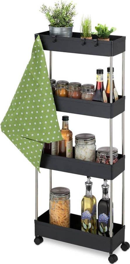 Keukentrolley zwart kunststof 98x15.5x40.5 cm Smal opbergrek badkamer keuken 4 haken & etages