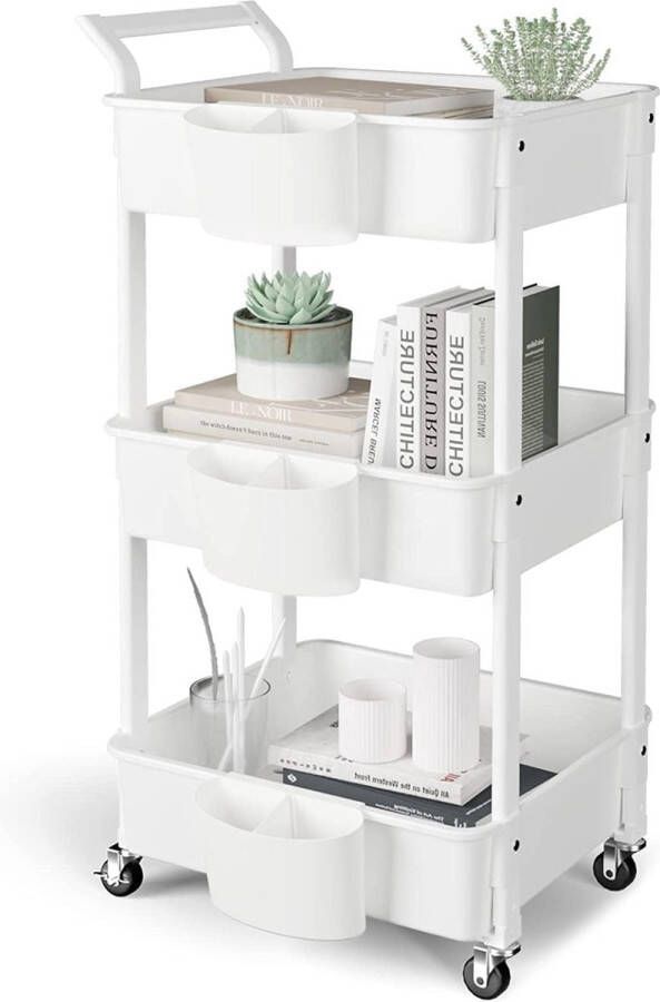 Keukenwagen 3 etages serveerwagen Utility Cart met wieltjes trolley met 3 rolplanken multifunctionele trolley voor keuken make-up badkamer kantoor wit