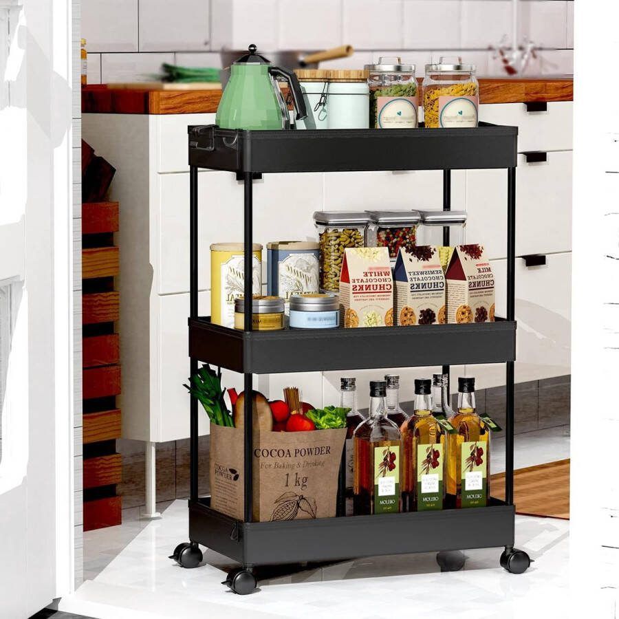 Keukenwagen met 3 niveaus rolwagen nisrek op wieltjes ruimtebesparend badkamerrek en keukenrek voor keuken kantoor badkamer 40 x 22 x 61 cm zwart