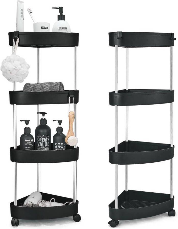 Keukenwagen met 4 niveaus keukenplank nisplank op wielen trolley driehoekige nisplank opbergrek voor keuken kantoor badkamer wasruimte kunststof 23 x 23 x 86 cm (zwart)