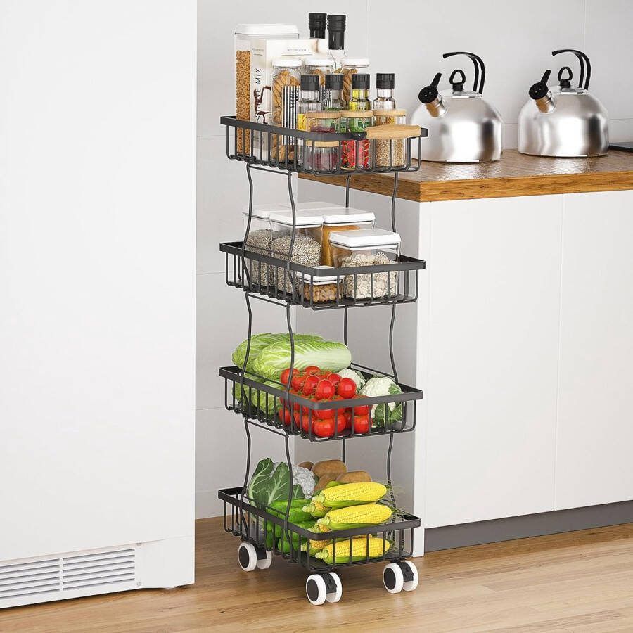 Keukenwagen op wielen met 4 niveaus metalen keukenrek voor kleine ruimtes in keuken eetkamer badkamer met handvat en remmen zwart