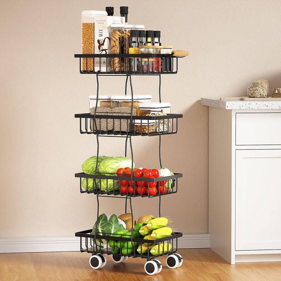 Keukenwagen op wielen met 4 niveaus voor kleine ruimtes in keuken eetkamer badkamer met handvat en remmen zwart keukentrolley