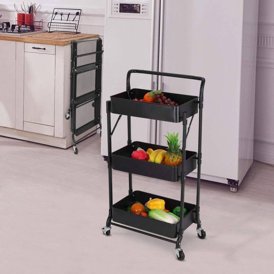 Keukenwagen serveerwagen opvouwbare trolley voor metalen gebruik rek op wielen plank organiser keukenrek opvouwbare multifunctionele trolley voor keuken badkamer kantoor (zwart)