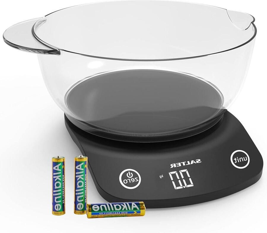 Keukenweegschaal 1074 BKDR Electronic Digital Max 5 kg Cooking & Baking Measures Liquids Fluids Lit Display Dishwasher Safe Bowl Pouring Lip Black keukenweegschaal