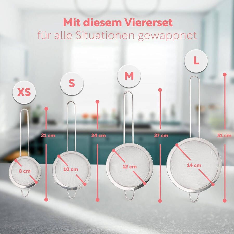 Keukenzeef set fijnmazig 304 roestvrij staal [vaatwasmachinebestendig] 8 10 12 14 cm fijnmazige zeef set van 4 voor bakken en koken vier maten (klein tot middel)