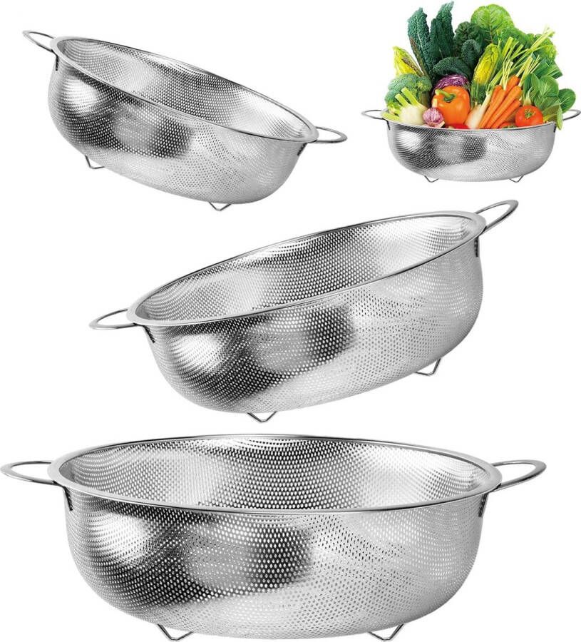 Keukenzeef set van 3 roestvrijstalen pastazeef microgeperforeerde keukenzeef metalen zeef roestvrijstalen vergiet voor pasta fruit rijst groenten 16 22 28 cm