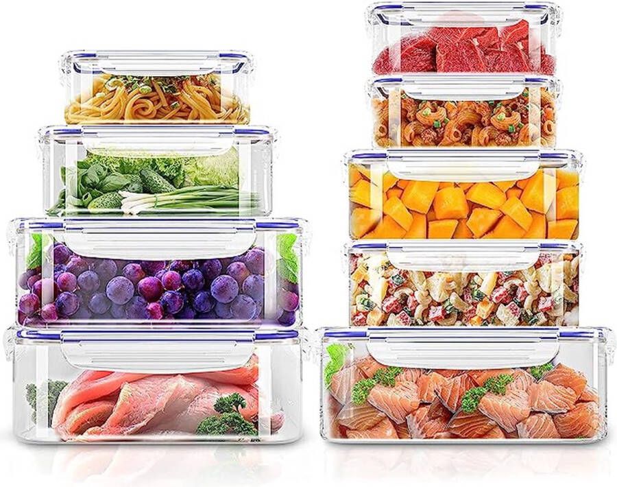 KICHLY 18 Stuks plastic Luchtdichte Voedselopslagcontainer (9 Containers 9 Deksels) Plastic voedselcontainers voor keuken pantry – Microgolfoven- en Diepvriesbestendig Lekvrij BPA-Vrij