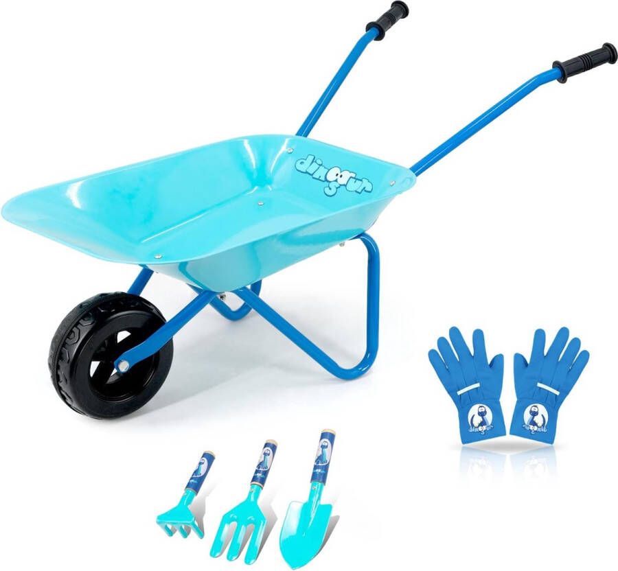 Kids metalen kruiwagen 5 stuks kinderen kruiwagen kinderen tuinieren set met schop hark vork en kinderhandschoenen (blauw)