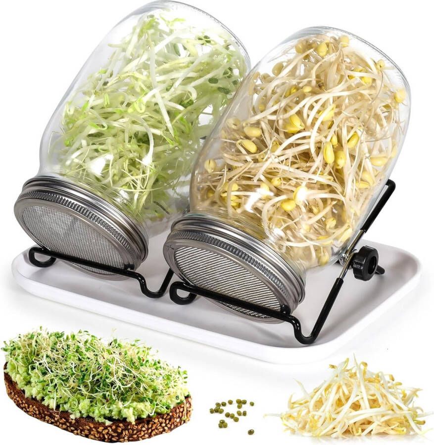 Kiemglas set van 2 x 1000 ml kiemglas met 2 roestvrijstalen deksels 2 instelbare houders en 1 dienblad ideaal voor Alfalfa broccoli radijs mungbonen