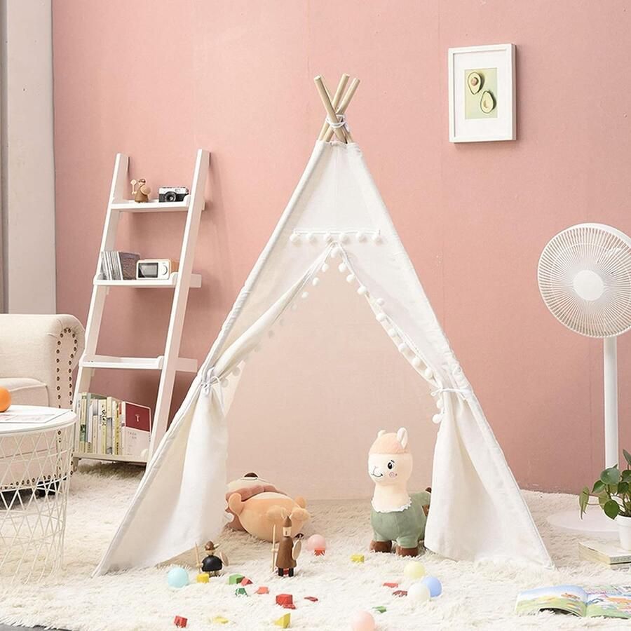 Kinder Tipi Tent Speeltenten Tent Kindertent- Kinder tentje Kind Tent Speeltent Kindertenten binnen Kindertentje binnen Kind tent binnen Wigwam Wit Katoen Kinderen H.135 x B.110 x L.110