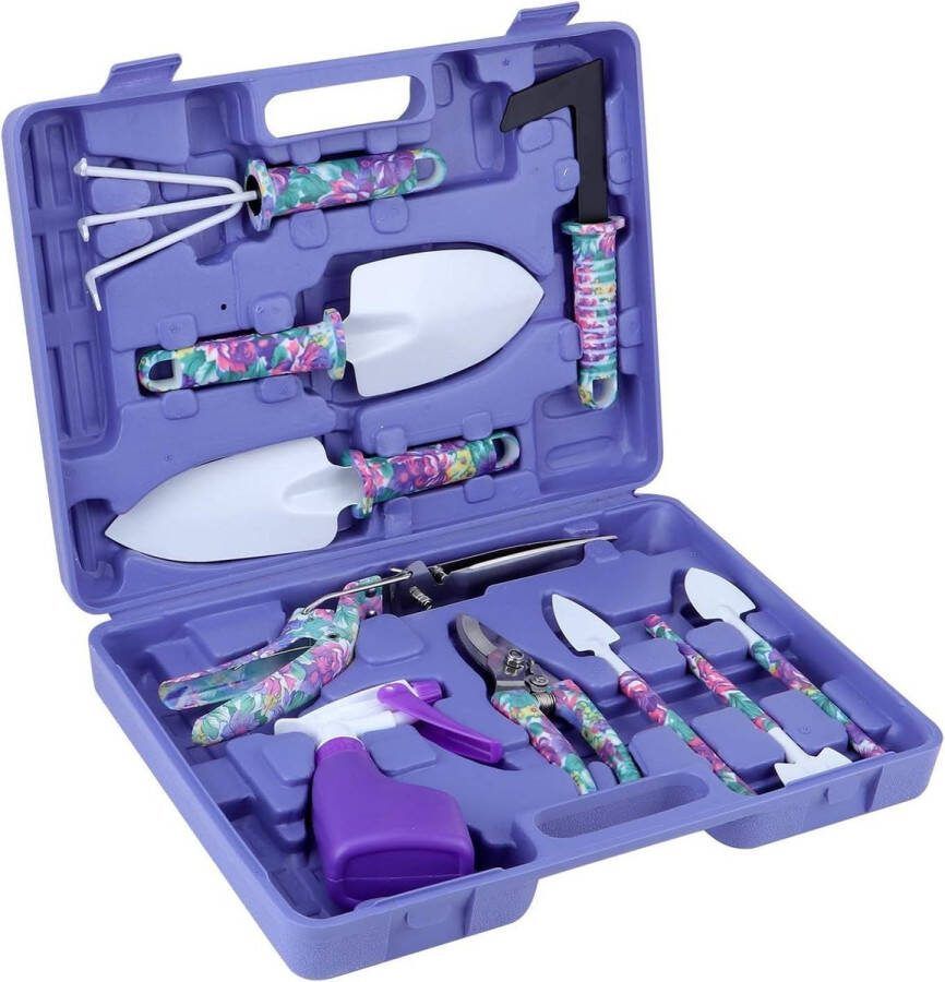 Kinder tuinset Tuingereedschap 10 stuks Ergonomische handgreep Paarse bloemenprint Shovel Harkje Schepje Snoeischaar Plantenspuit Draagtas Tuincadeau kinder tuinset