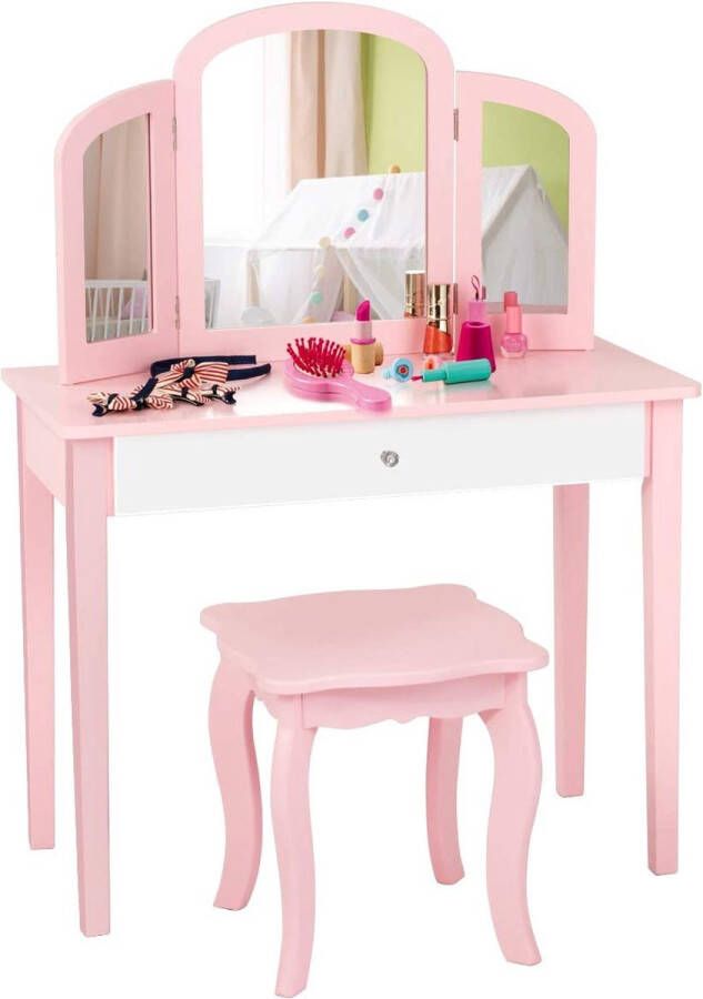 Kinder2-in-1 make-uptafelset kaptafel met drievoudig inklapbare spiegel en lade prinsessen make-uptafel met make-upkruk make-upcommode kindertafel voor kinderen en meisjes (roze)