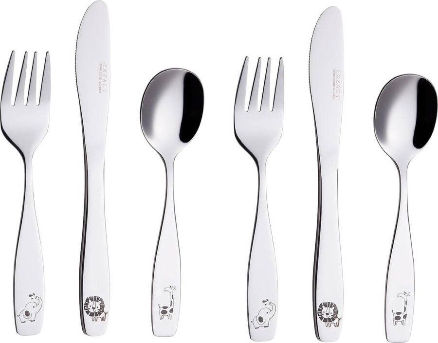Kinderbestekset van 6 RVS 18 10 kinderbestek peuterbestek bestek 2 x vorken 2 x veilige dinermessen 2 x dinerlepels safari giraffe olifant leeuw
